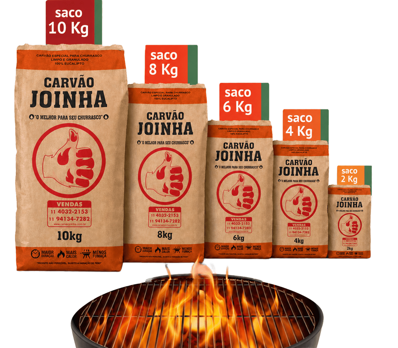 Tamanhos de Carvão Joinha: 2kg, 4kg, 6kg e 10kg